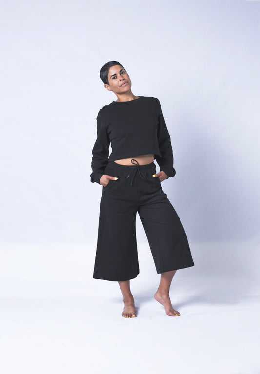 Crop Colette Pants Model posing and showing front of pants