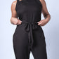 All In One Jumpsuit Model Standing showing waistband. Waistband tied to front
