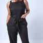 All In One Jumpsuit Model showing front of jumpsuit. Waistband tied to front