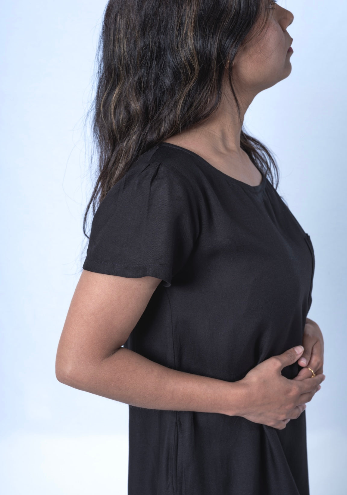 Black T-Shirt Dress side view focus on pleated sleeves