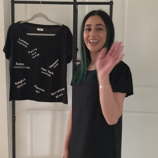 Lets talk about the details of the Travel Graphic Basic Black T-Shirt. Video detailing how the black t-shirt can be worn.